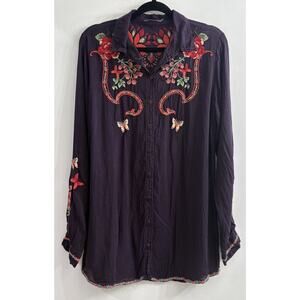 Johnny Was‎ XS Collared Top Floral Embroidered Button Down Purple Long Sleeve